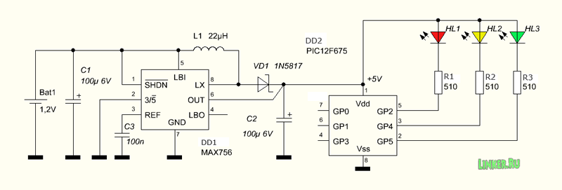 Светофор-игрушка, принципиальная схема, микроконтроллер PIC12F675