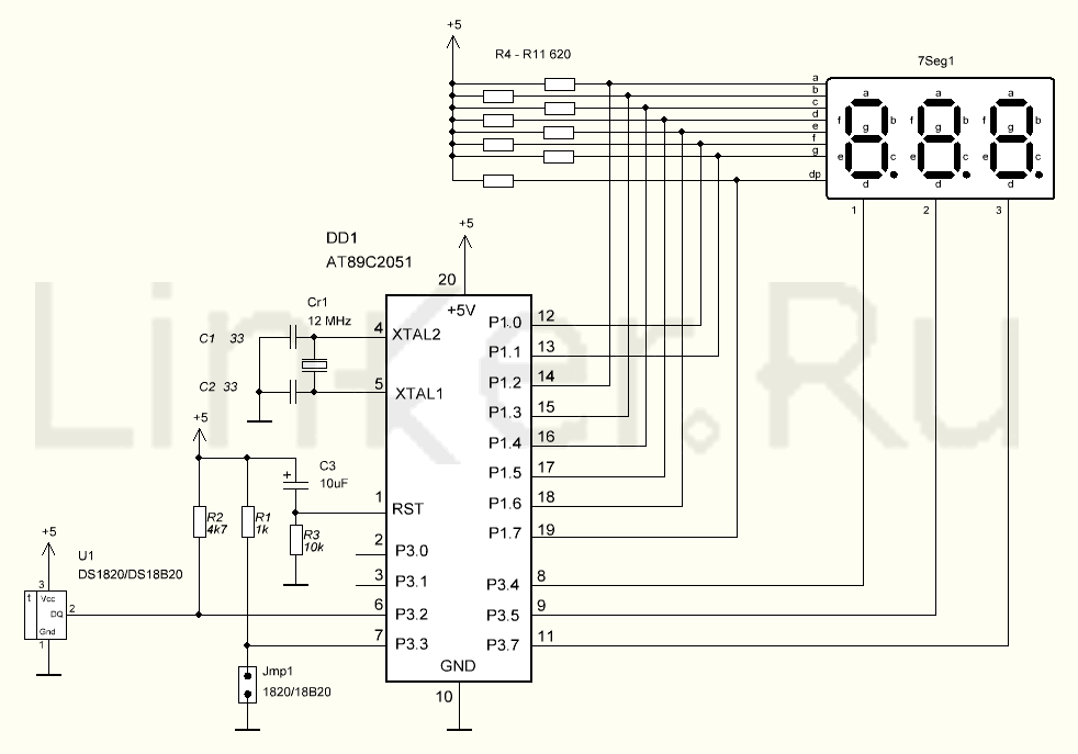 Принципиальная схема, AT89C2051, микроконтроллер, DS18B20 DS1820